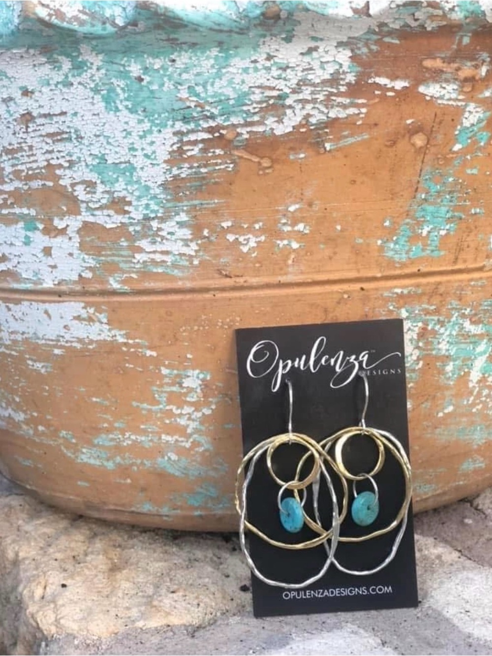 Opulenza Designs Sterling Silver & Brass Loop Earrings With Jasper Drops 2 1/4”